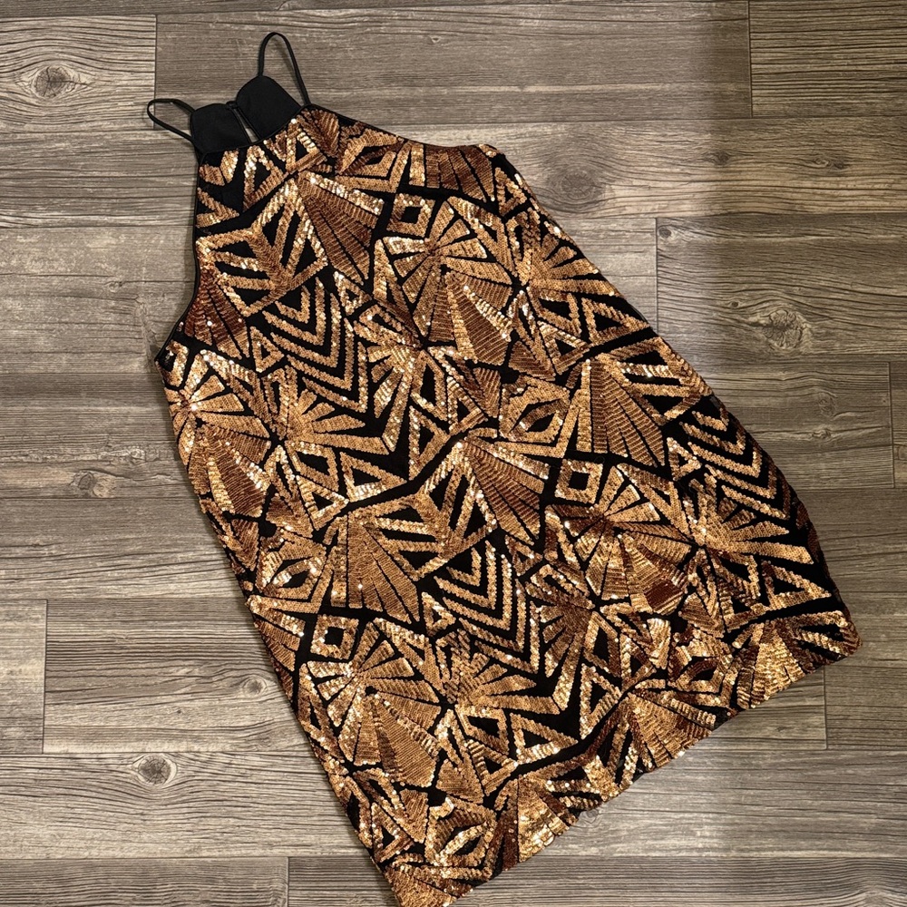 Everly Black and Gold Geometric Sequin Mini Dress